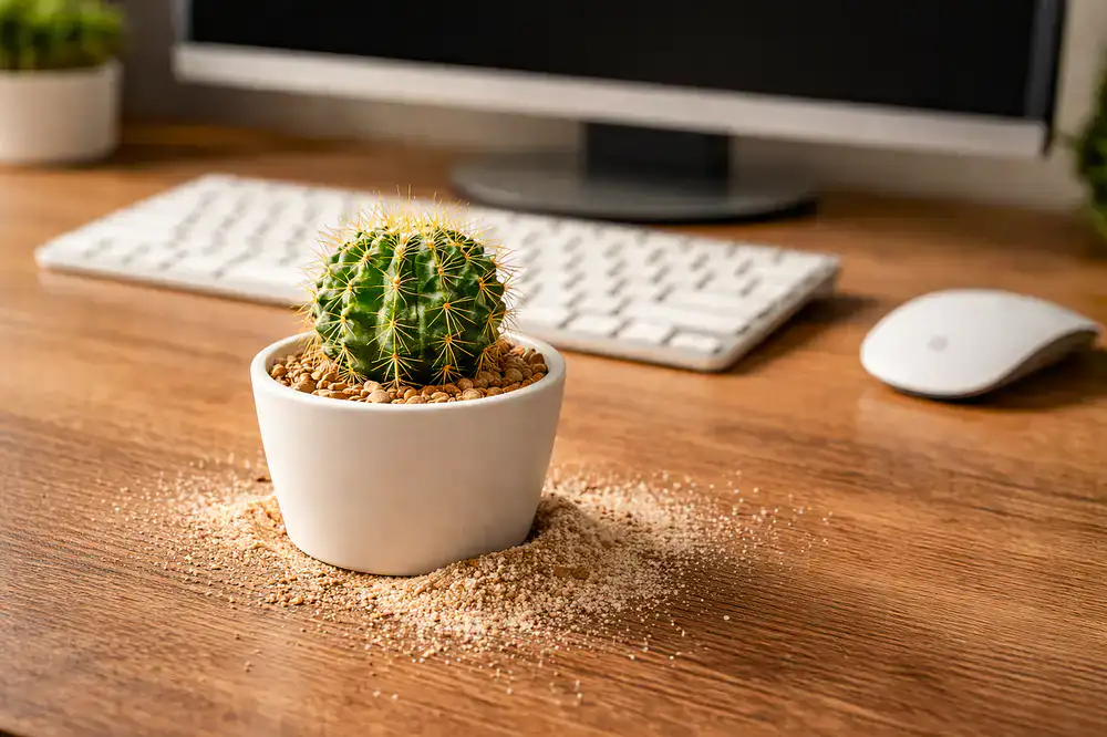 Small desktop succulent plants arranged neatly on an office desk